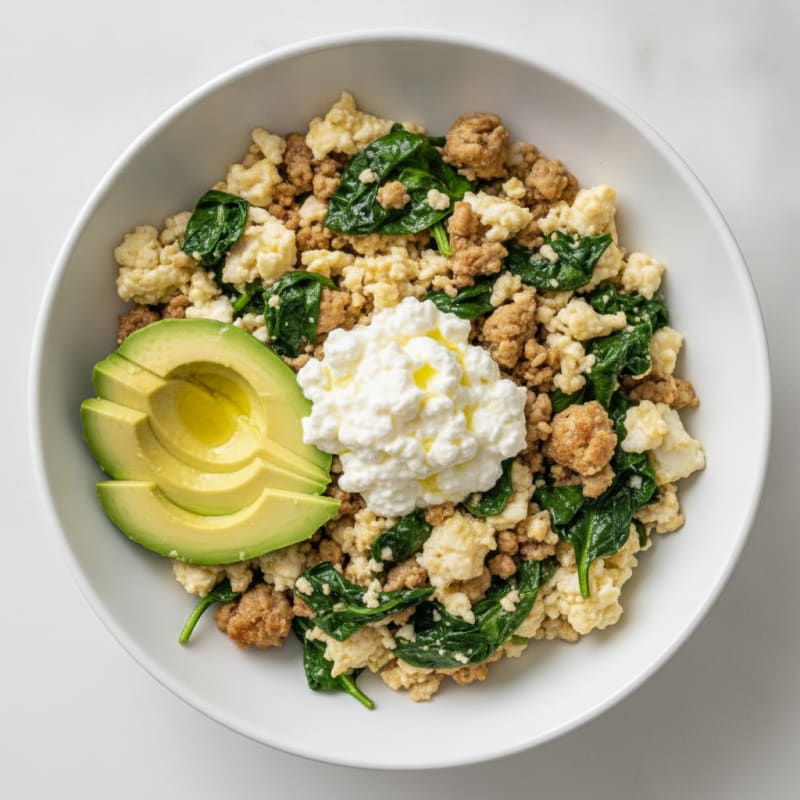 Egg White and Turkey Spinach Scramble with Cottage Cheese