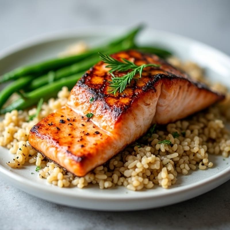 Seared Salmon with Herbed Brown Rice and Sautéed Green Beans