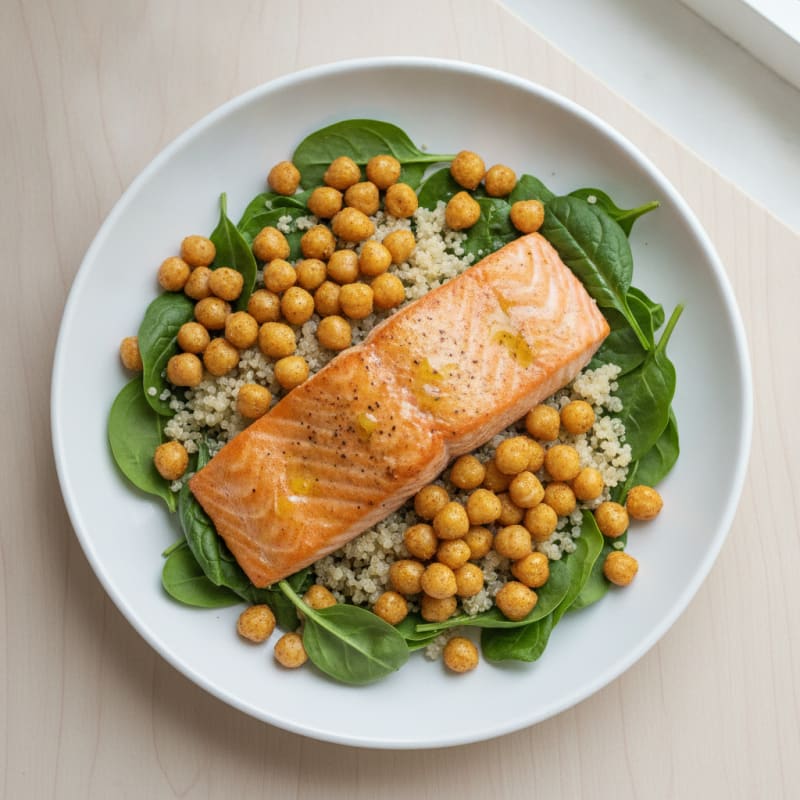Crispy Chickpea and Quinoa Bowl with Roasted Salmon