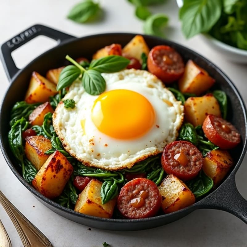 Crispy Potato and Egg Skillet with Savory Turkey Sausage and Fresh Spinach