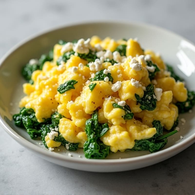 Fluffy Egg Scramble with Sautéed Spinach and Crumbled Feta