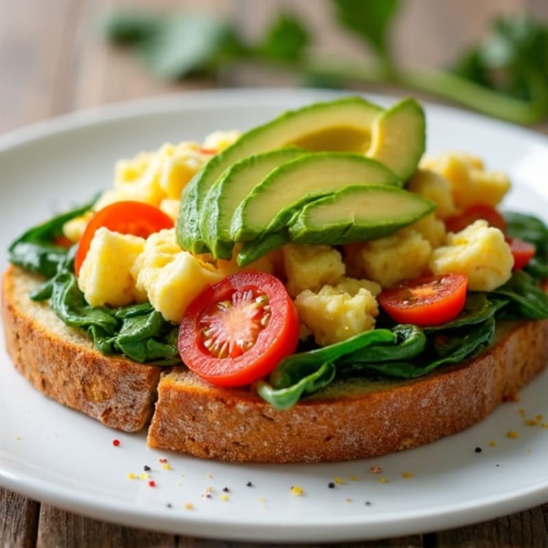 Egg White and Turkey Sausage Scramble with Spinach, Tomatoes, and Avocado Toast