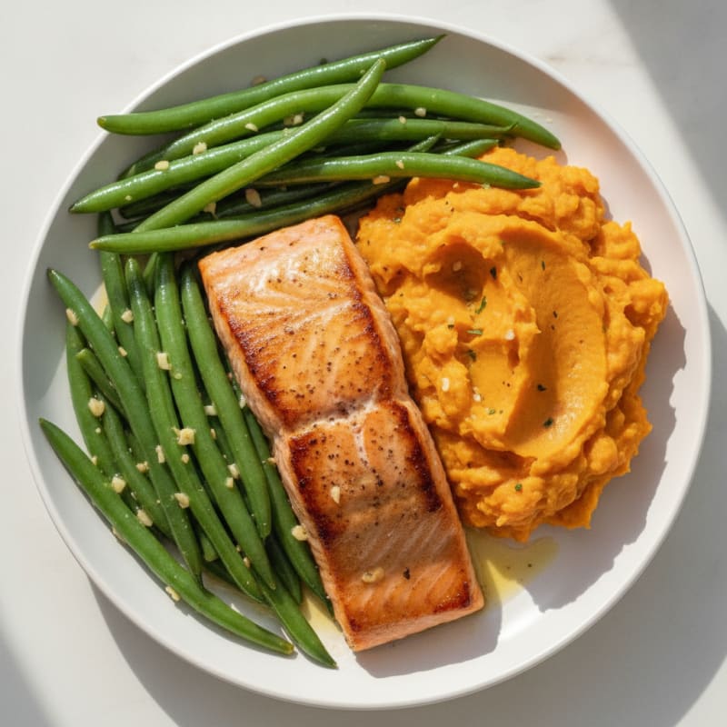 Seared Salmon with Garlic Green Beans and Mashed Sweet Potato
