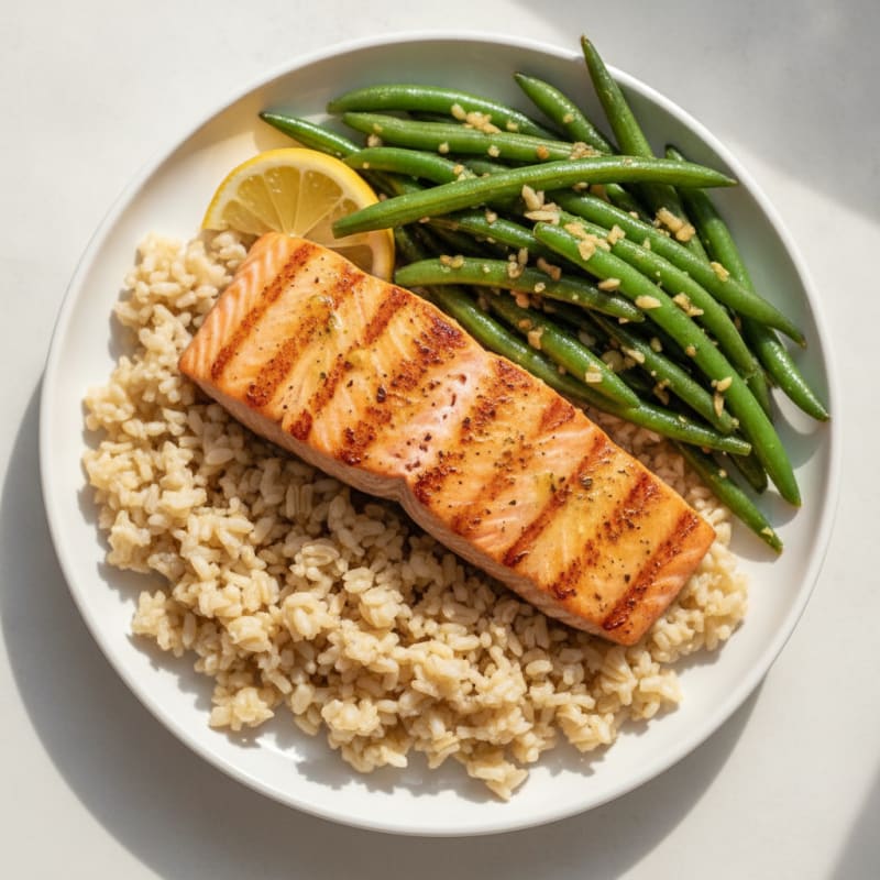 Seared Salmon with Garlic Green Beans and Brown Rice