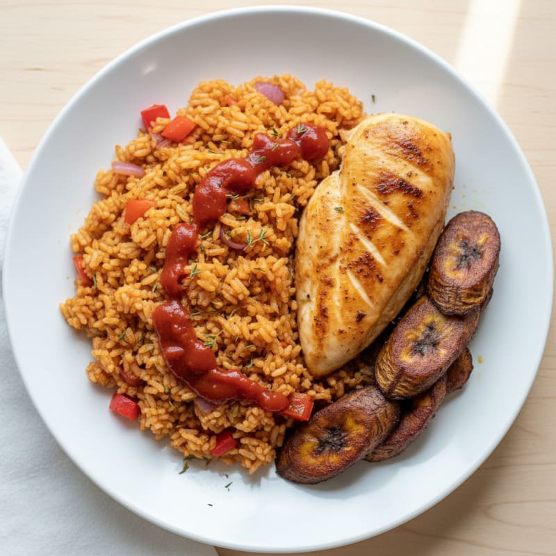 Jollof Rice with Baked Chicken and Plantains