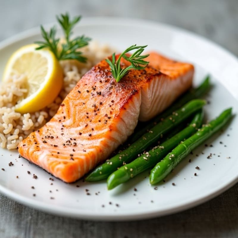 Seared Salmon with Steamed Green Beans and Brown Rice