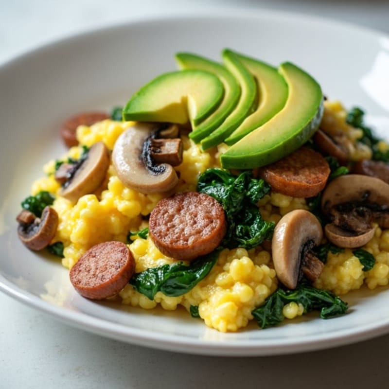 Egg White Spinach Scramble with Turkey Sausage and Sautéed Mushrooms