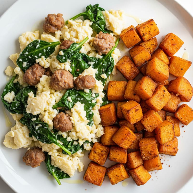 Egg White and Turkey Sausage Scramble with Spinach and Roasted Sweet Potatoes