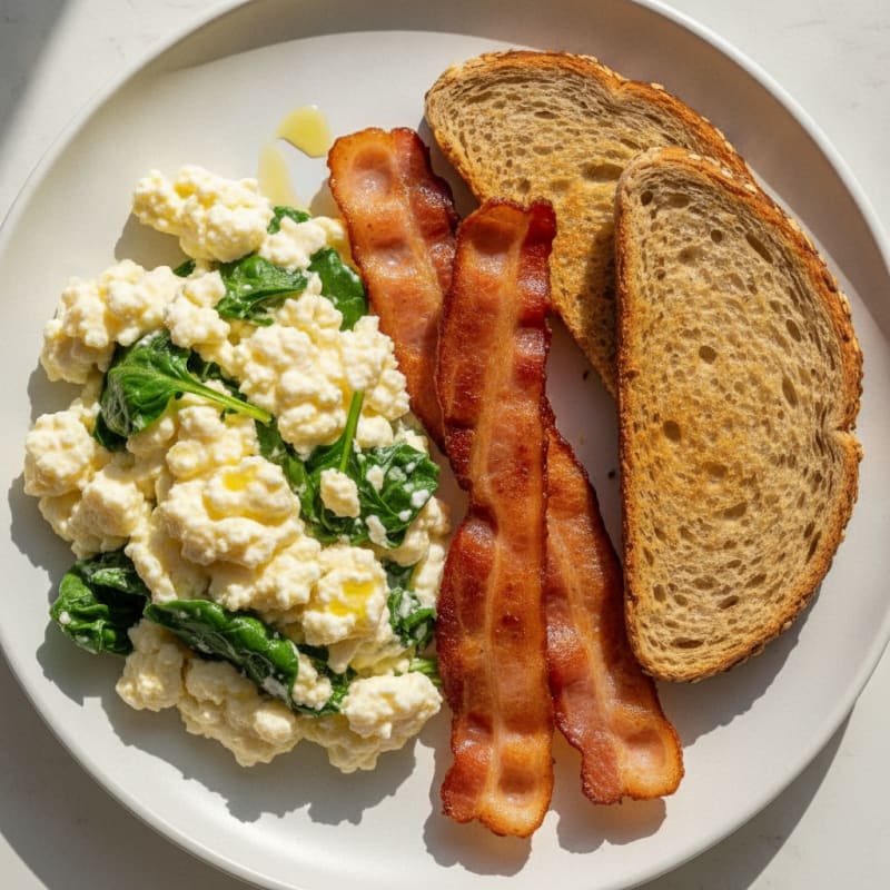 Cottage Cheese Scramble with Turkey Bacon and Spinach