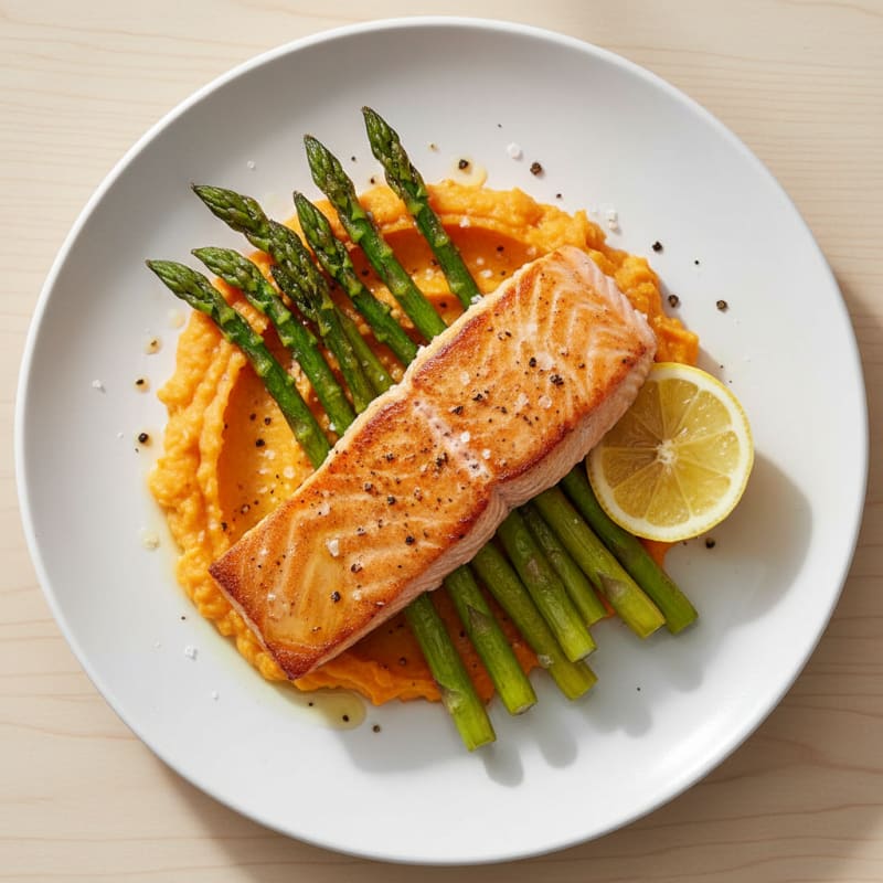 Seared Salmon with Roasted Asparagus and Sweet Potato Mash