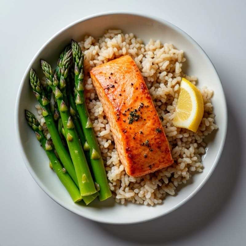 Seared Salmon with Steamed Asparagus and Brown Rice