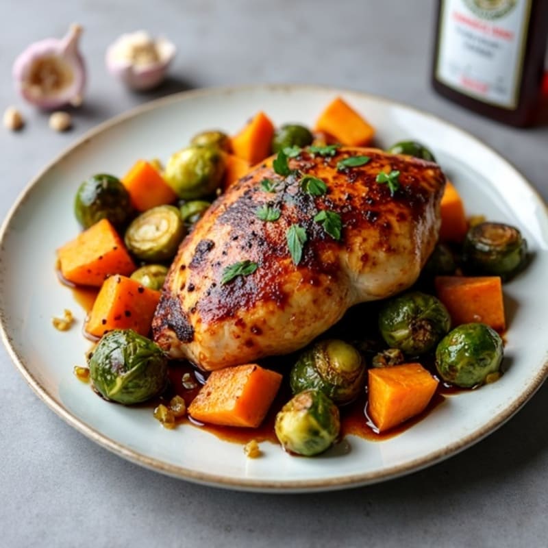 Sheet Pan Roasted Chicken with Balsamic Glazed Brussels Sprouts and Sweet Potatoes