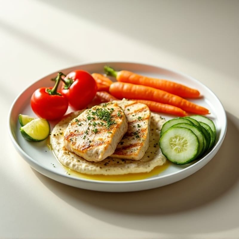 Creamy Hummus with Fresh Crisp Vegetables and Lemon-Herb Chicken
