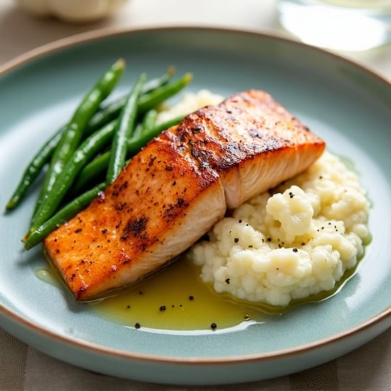 Seared Salmon with Steamed Green Beans and Garlic Mashed Cauliflower