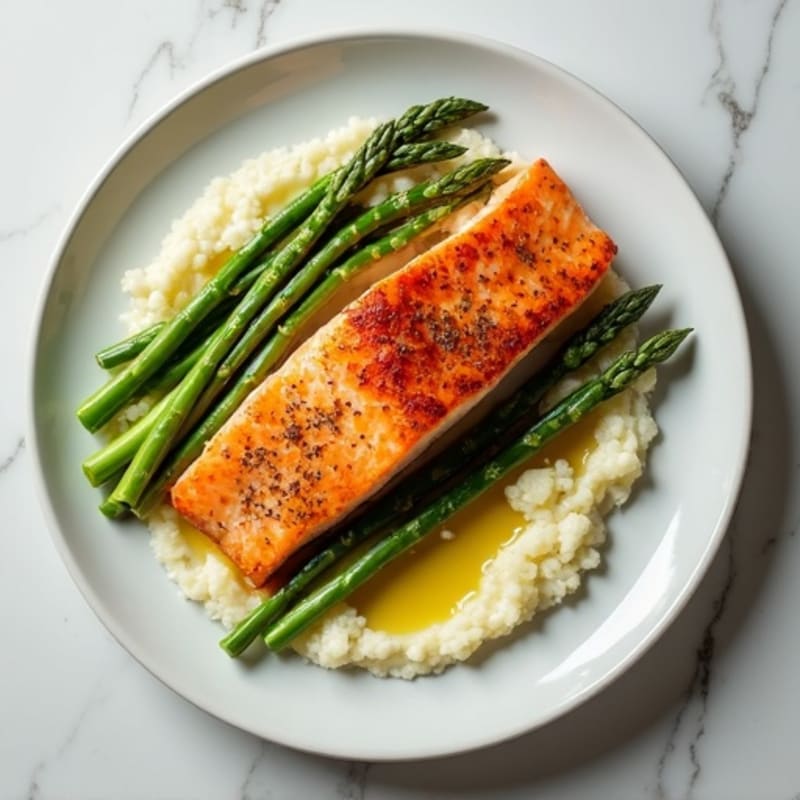 Seared Salmon with Steamed Asparagus and Garlic Cauliflower Mash