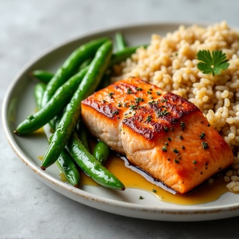 Seared Salmon with Garlic Green Beans and Brown Rice