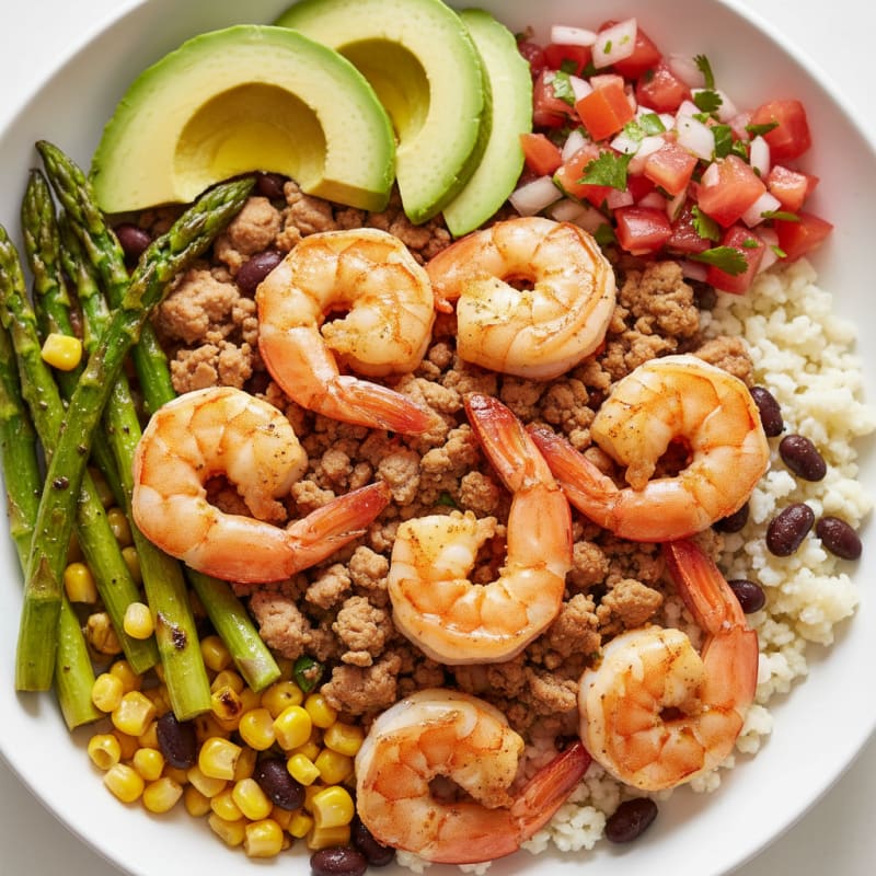 Shrimp and Cauliflower Rice Bowl with Roasted Asparagus and Corn