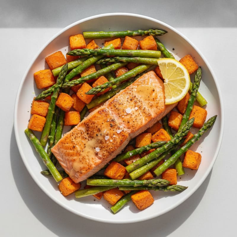 Seared Salmon with Roasted Sweet Potato and Asparagus