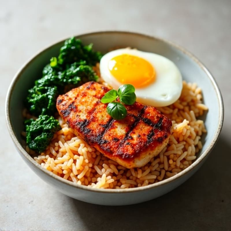 Crispy Kimchi Fried Rice with Seared Chicken and Wilted Spinach