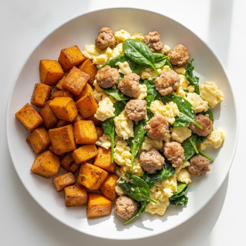 Egg White Scramble with Turkey Sausage and Roasted Sweet Potatoes