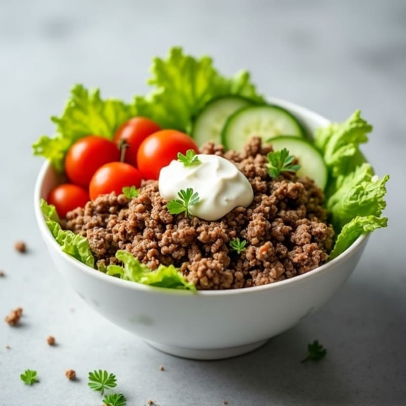 Lean Ground Beef Bowl with Creamy Tangy Dressing and Fresh Crisp Vegetables
