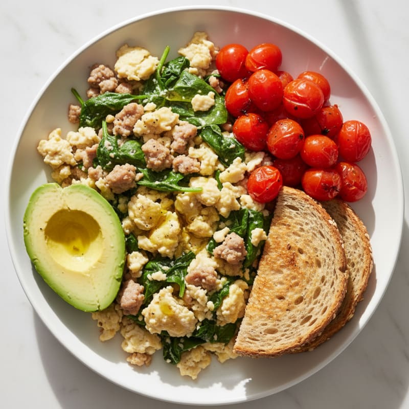 Egg White and Turkey Sausage Scramble with Spinach and Tomatoes