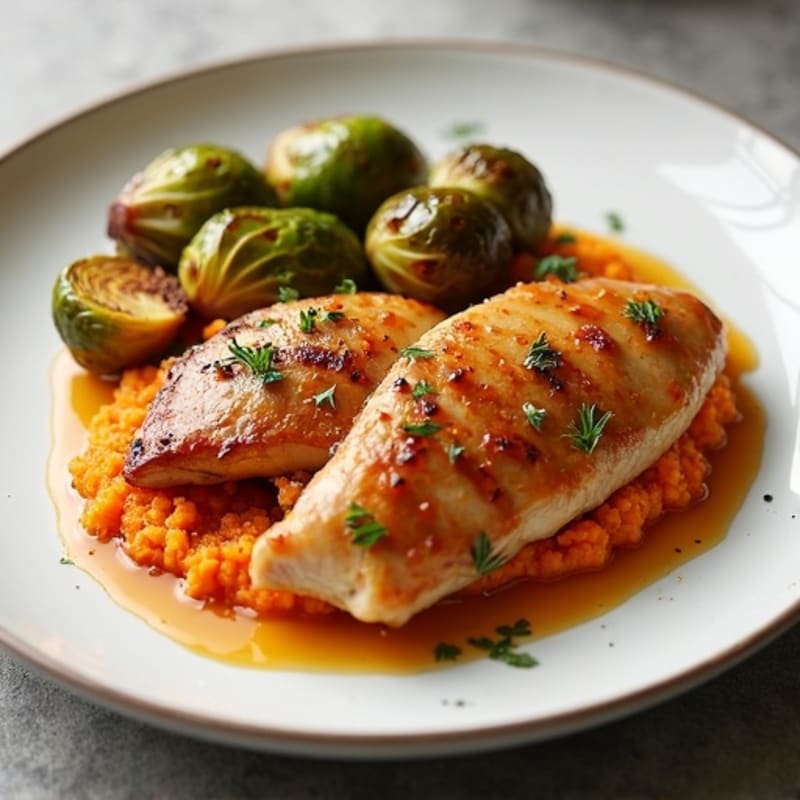 Honey-Garlic Glazed Chicken with Roasted Brussels Sprouts and Sweet Potato Mash