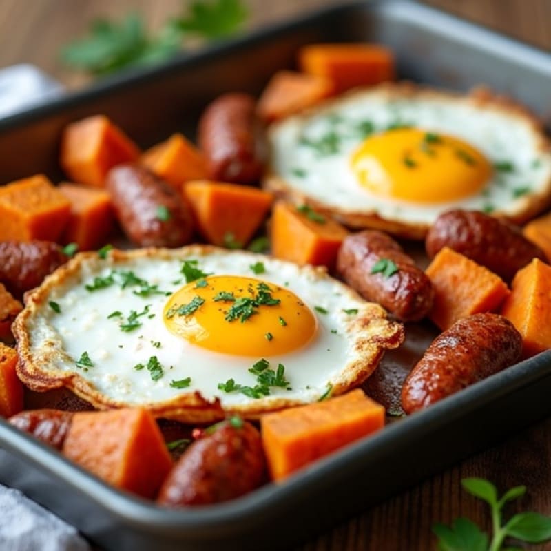 Sheet Pan Eggs with Roasted Sweet Potatoes and Lean Turkey Sausage