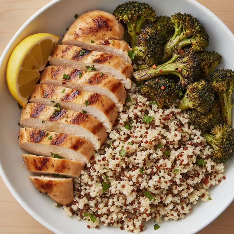 Grilled Chicken and Quinoa Power Bowl with Roasted Broccoli