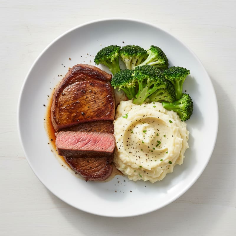 Seared Sirloin with Garlic Mashed Potatoes and Steamed Broccoli