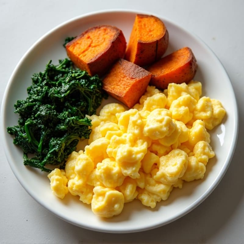 Fluffy Scrambled Eggs with Sautéed Spinach and Roasted Sweet Potatoes