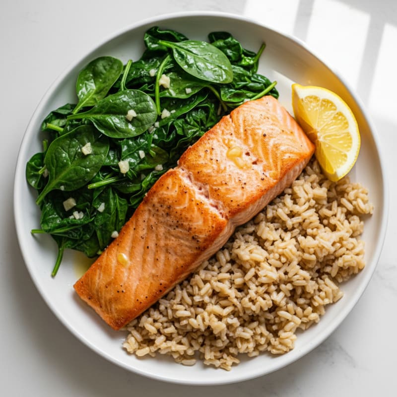 Seared Salmon with Garlic Sautéed Spinach and Brown Rice