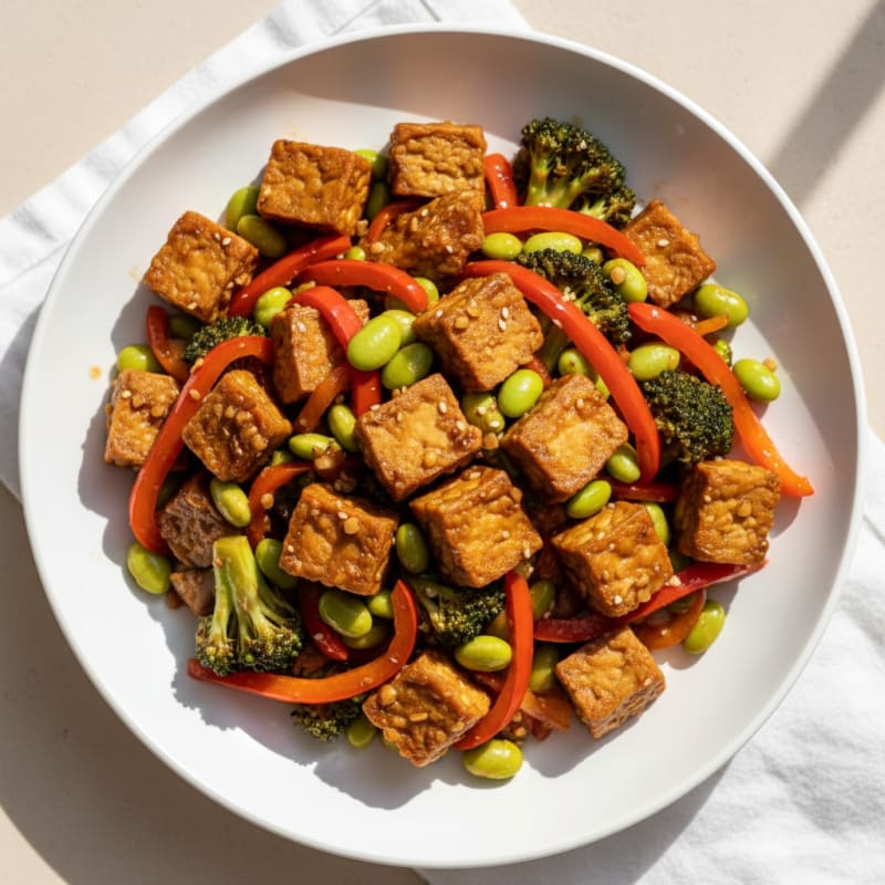 Silky Tempeh and Vegetable Stir-Fry with Edamame