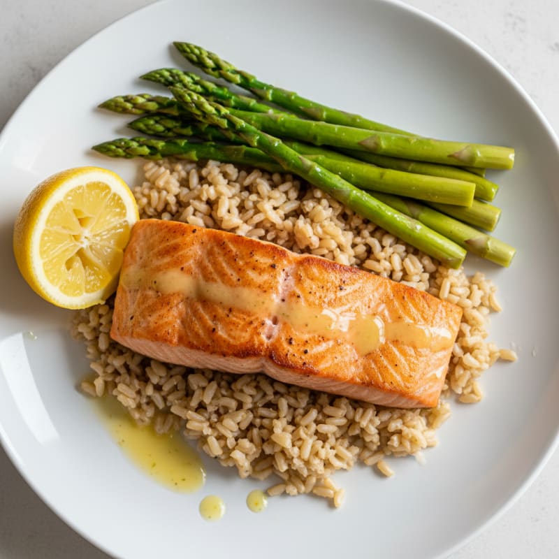 Seared Salmon Fillet with Steamed Asparagus and Brown Rice
