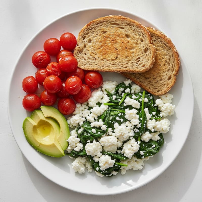 Egg White Spinach Scramble with Cottage Cheese and Cherry Tomatoes