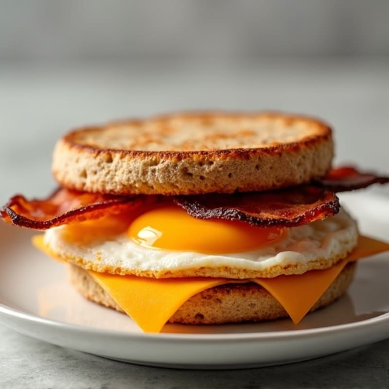 Whole Wheat English Muffin with Crispy Turkey Bacon, Fluffy Egg, and Sharp Cheddar