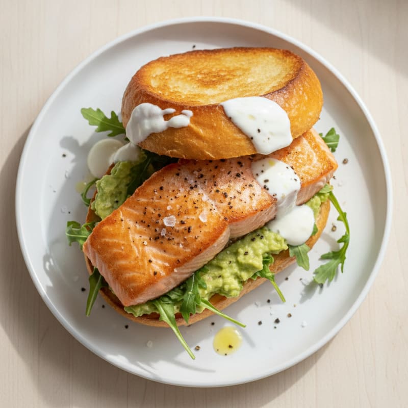 Pan-Seared Salmon Brioche Sandwich with Avocado