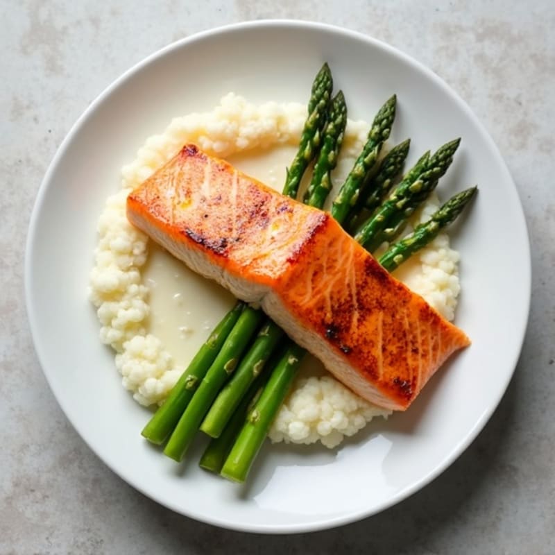 Seared Salmon Fillet with Steamed Asparagus and Cauliflower Mash