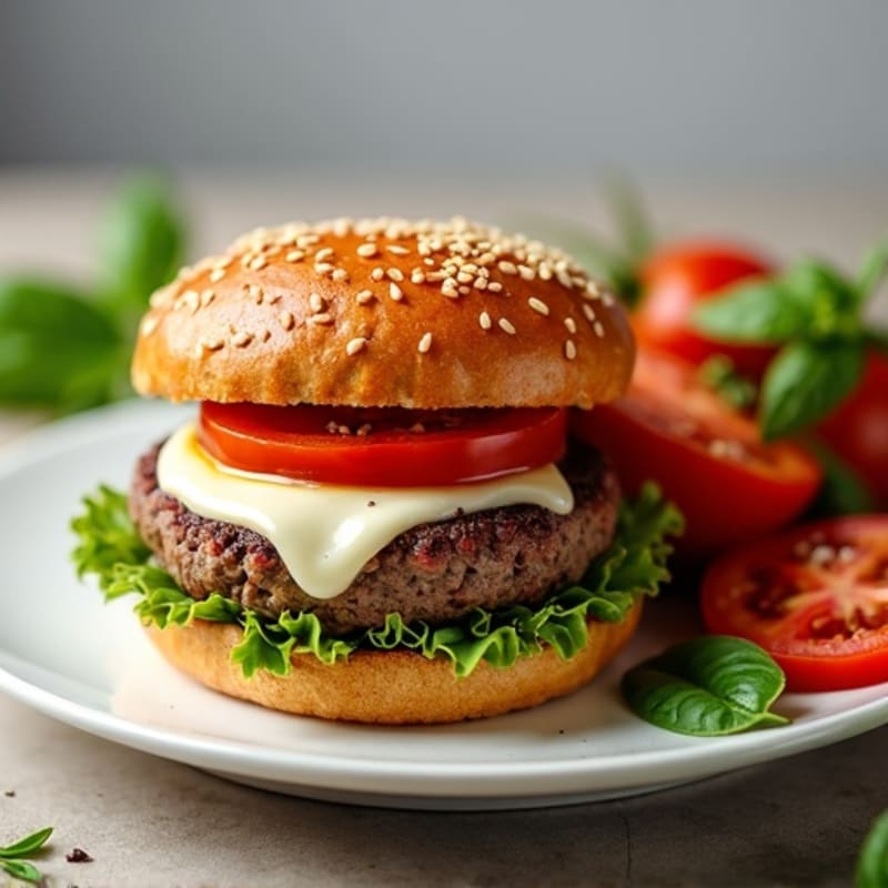 Crispy Mozzarella-Crusted Lean Beef Burger with Fresh Tomato Salad