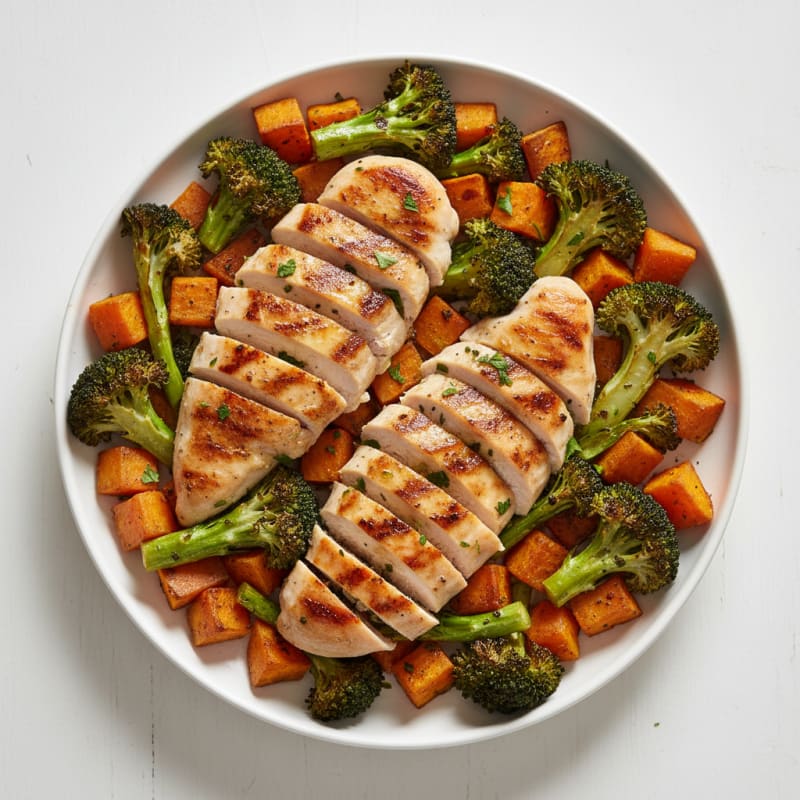 Grilled Chicken Breast with Roasted Broccoli and Sweet Potato