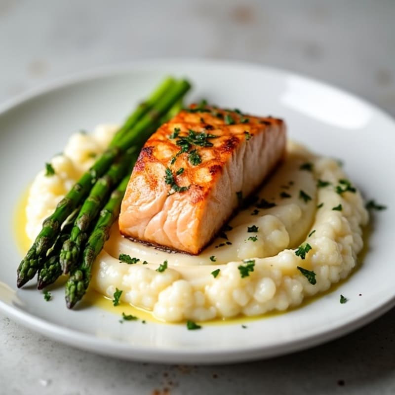 Seared Salmon Fillet with Steamed Asparagus and Cauliflower Mash