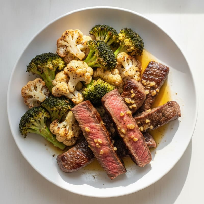 Seared Lean Beef Strips with Roasted Broccoli and Cauliflower