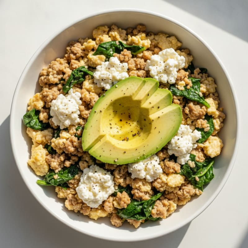 Egg White and Turkey Spinach Scramble with Cottage Cheese