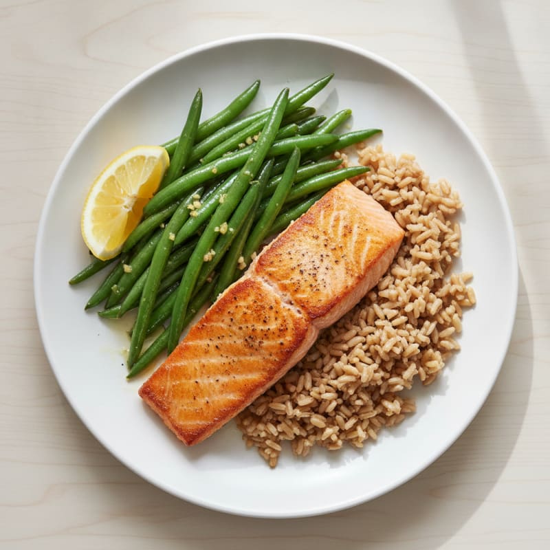 Seared Salmon with Lemon-Garlic Green Beans and Brown Rice