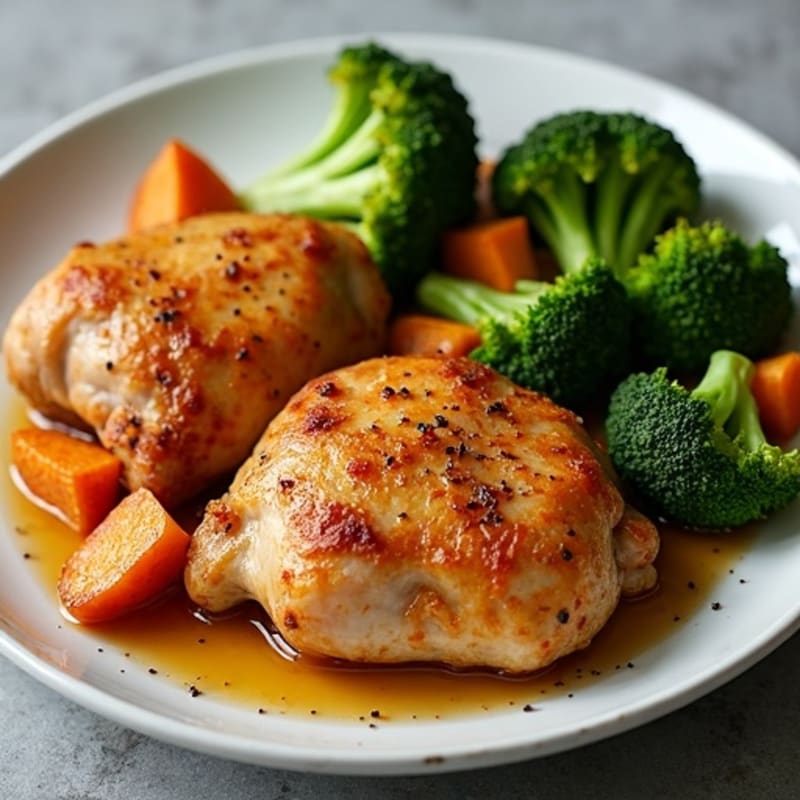 Sheet Pan Crispy Chicken Thighs with Roasted Sweet Potatoes and Broccoli