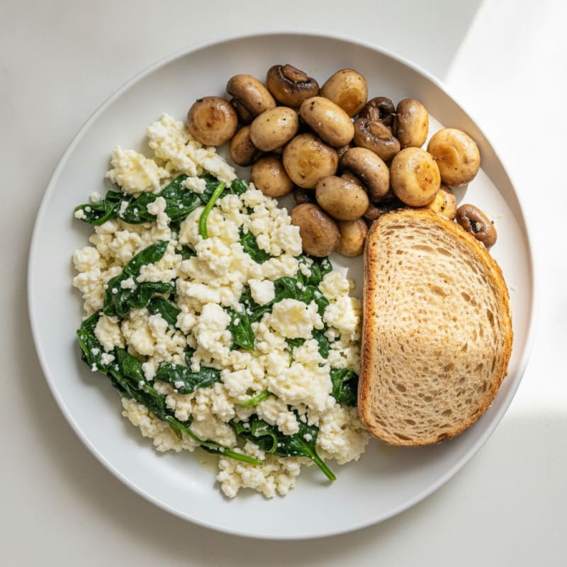 Egg White Spinach Scramble with Cottage Cheese and Sautéed Mushrooms