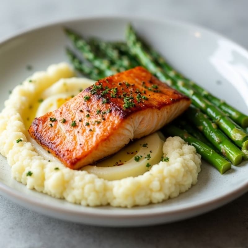 Seared Salmon Fillet with Steamed Asparagus and Cauliflower Mash