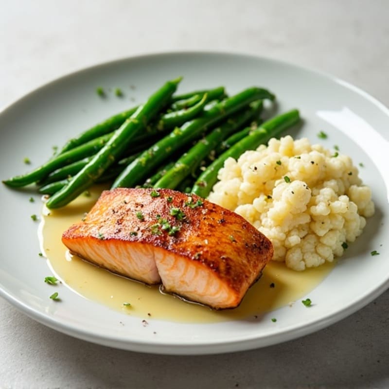 Seared Salmon with Steamed Green Beans and Garlic Mashed Cauliflower
