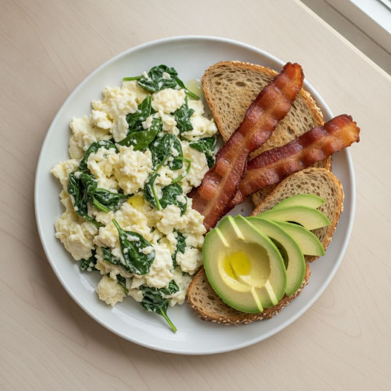Egg White Spinach Scramble with Turkey Bacon