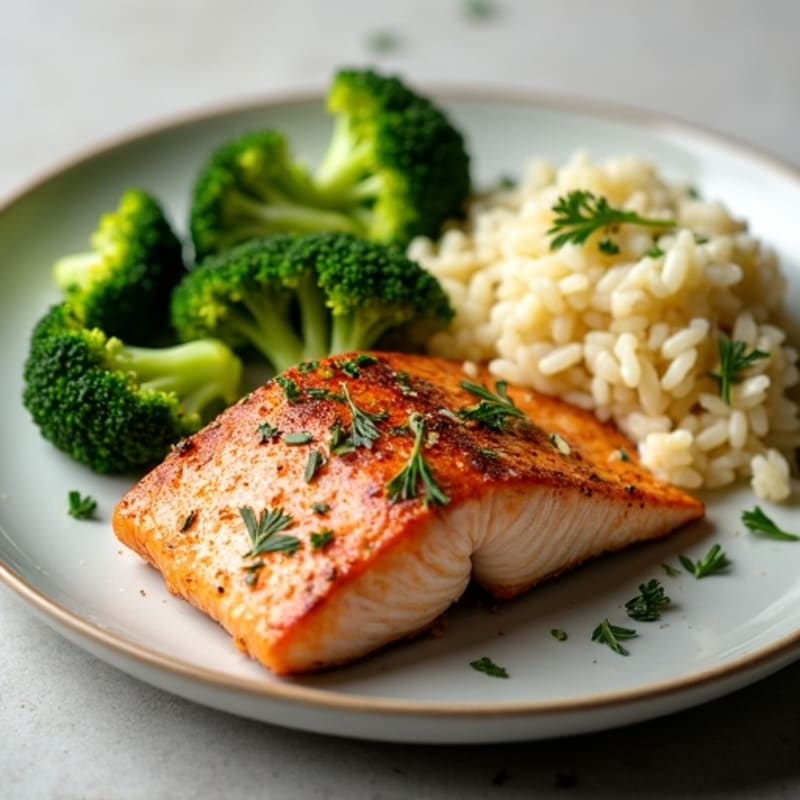 Seared Salmon with Steamed Broccoli and Lemon Herb Rice